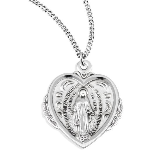 HEART SHAPED MIRACULOUS MEDAL - STERLING SILVER