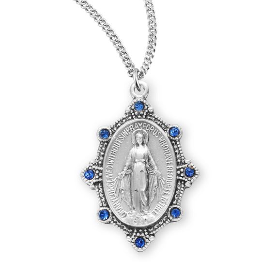 Sterling Silver Oval Miraculous Medal Set with Light Sapphire Crystals