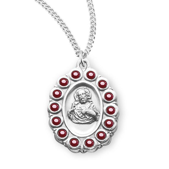 Oval Sterling Scapular Medal with Red Crystals with 18&quot; Chain