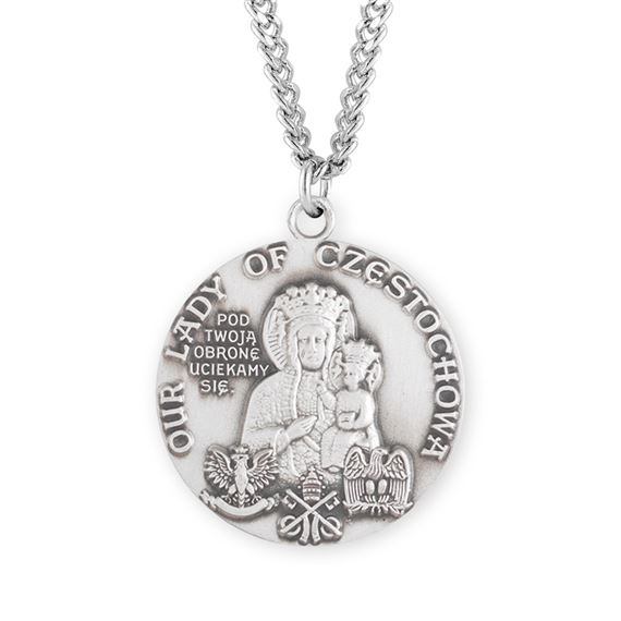 OUR LADY OF CZESTOCHOWA ROUND STERLING SILVER MEDAL WITH 24" CHAIN
