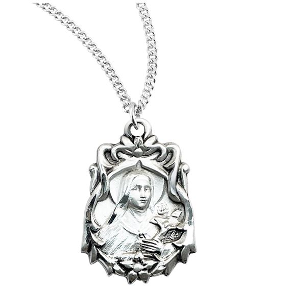St. Therese of Lisieux Sterling Silver Medal with Flowers with 18&quot; Chain