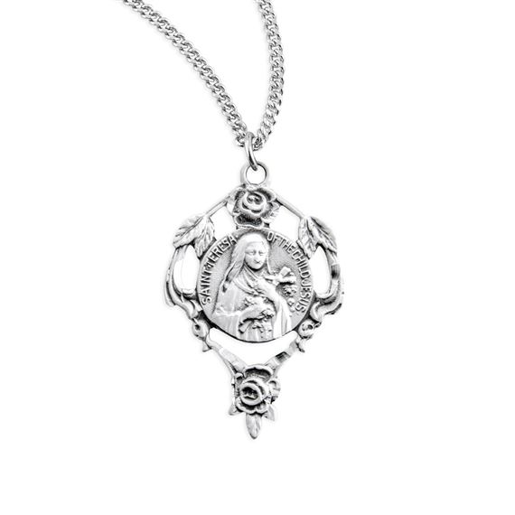 Saint Therese Round Sterling Silver Medal with 18&quot; Chain