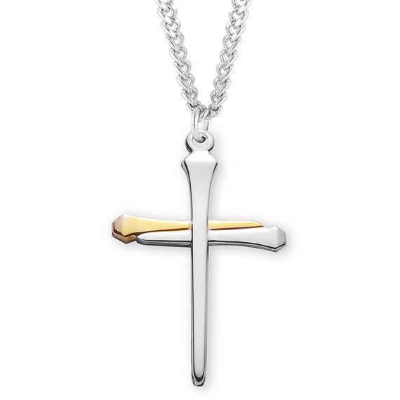 Sterling Two-Tone Nail Cross with 24&quot; Chain