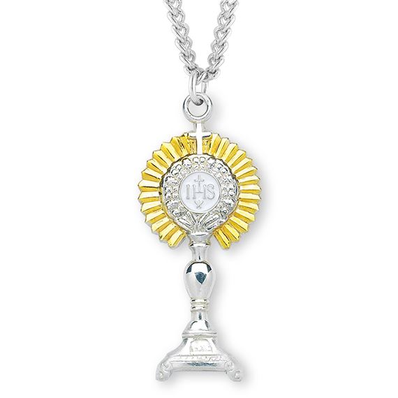 1.7&quot; Sterling Two-Tone Monstrance Pendant with 24&quot; Chain