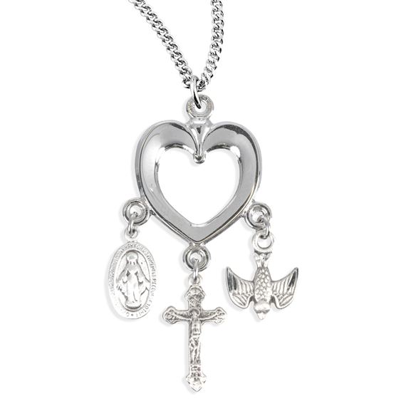 Sterling Miraculous Medal, Cross & Holy Spirit on 18&quot; Chain