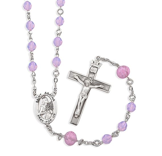 STERLING SILVER & ROSE OPAL AND CRYSTAL ROSARY WITH ST. AGATHA CENTER
