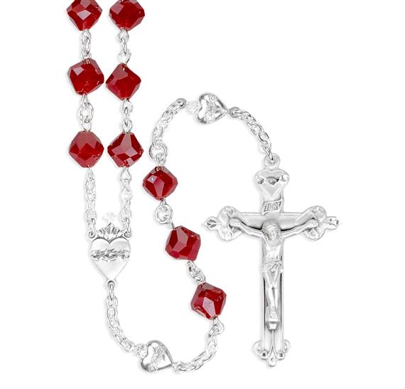 STERLING SILVER SACRED HEART ROSARY WITH RED CORAL CRYSTAL BEADS