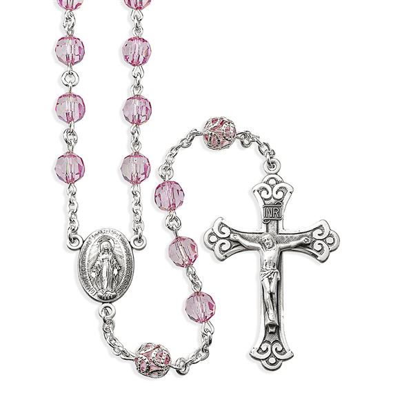MULTIFACETED PINK CRYSTAL BEAD ROSARY WITH MIRACULOUS MEDAL CENTER