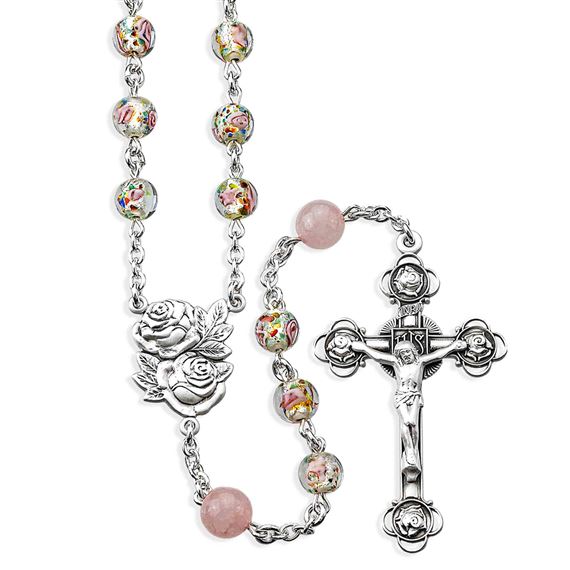PINK AND ROSE BEAD ROARY WITH STERLING SILVER ROSE CENTER AND CRUCIFIX