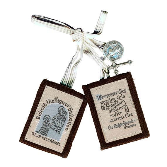 BROWN WOOL SCAPULAR OF MT. CARMEL WITH MEDALS - WHITE CORD