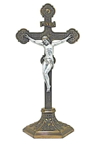 ORNATE STANDING CRUCIFIX COLD CAST BRONZE WITH PEWTER CORPUS