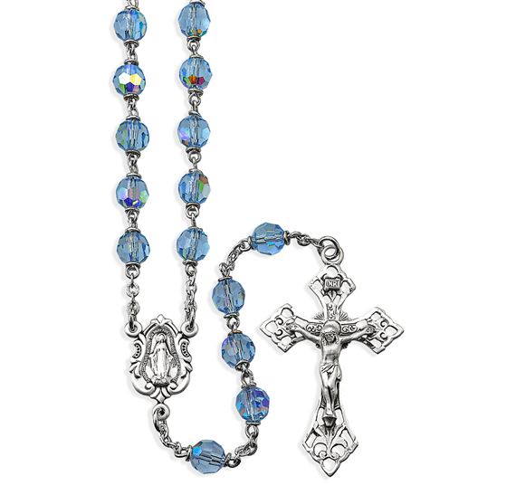 MULTIFACETED LIGHT SAPPHIRE CRYSTAL BEAD ROSARY WITH MIRACULOUS MEDAL CENTER
