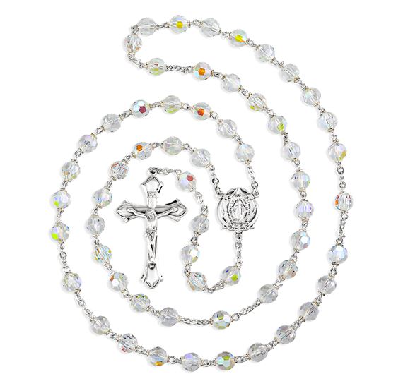 MULTIFACETED CLEAR CRYSTAL BEAD ROSARY WITH MIRACULOUS MEDAL CENTER