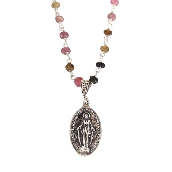 STERLING SILVER & TOURMALINE MIRACULOUS MEDAL NECKLACE (18")