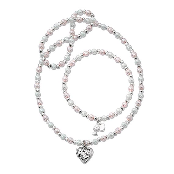 PINK & WHITE PEARL HEART NECKLACE AND BRACELET SET