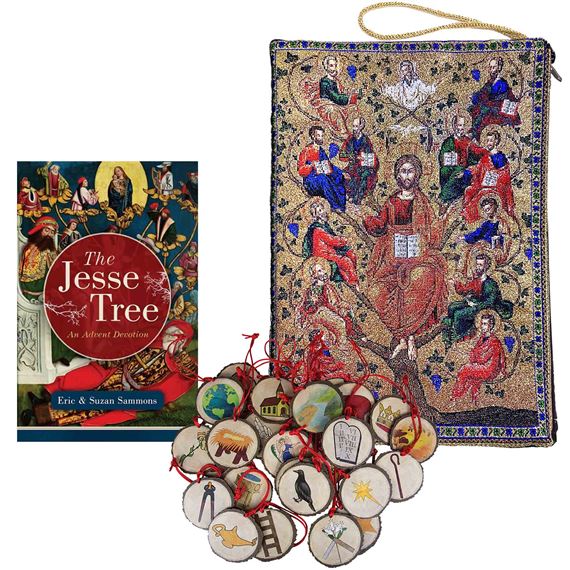 JESSE TREE ORNAMENTS, BOOK & TREE OF LIFE TAPESTRY STORAGE POUCH