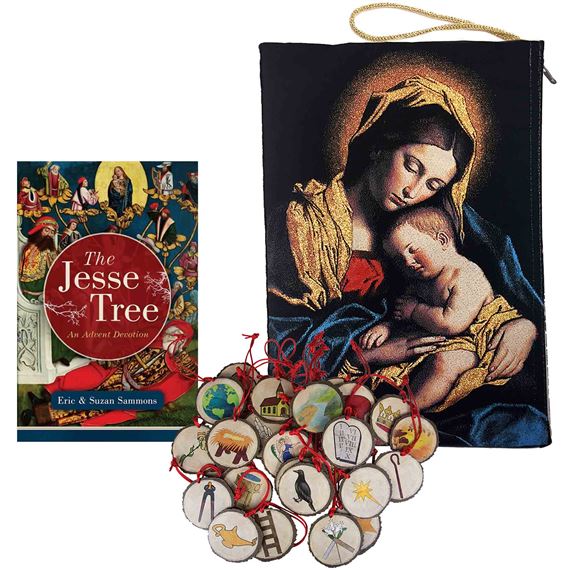 JESSE TREE ORNAMENTS, BOOK AND MADONNA & CHILD TAPESTRY STORAGE POUCH