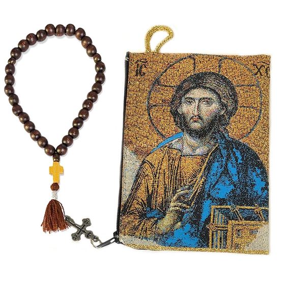 PRAYER BEADS AND JESUS PANTOCRATOR ICON ROSARY POUCH