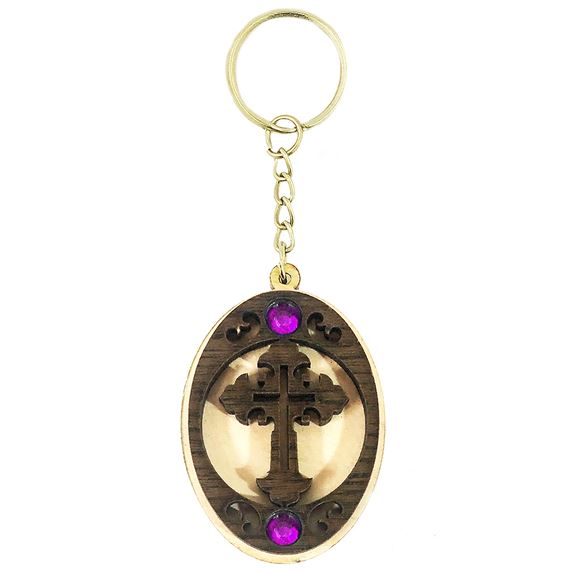 WOODEN CROSS KEYCHAIN WITH STONES