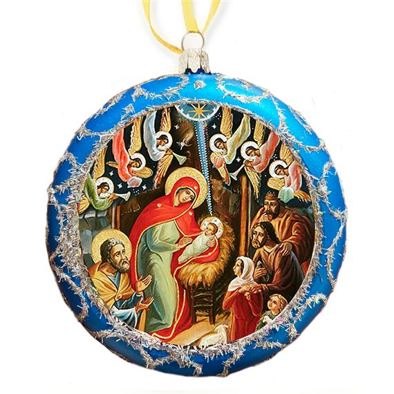 BLUE AND SILVER NATIVITY UKRAINIAN ICON ORNAMENT