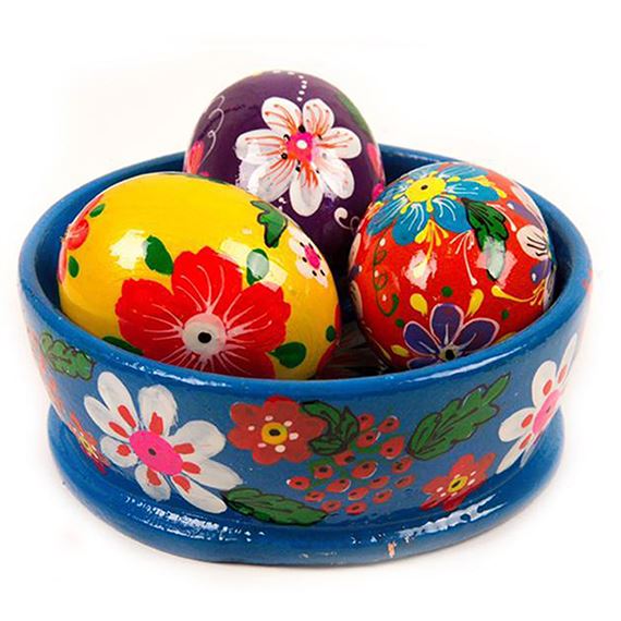 UKRAINIAN HAND-PAINTED BOWL WITH THREE EGGS (BLUE)