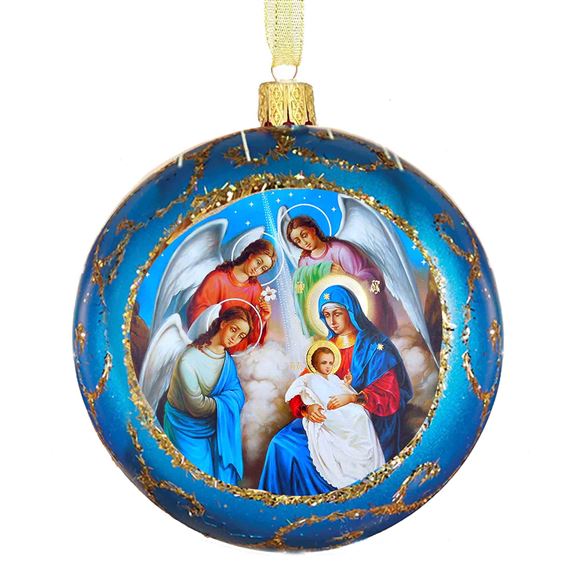 NATIVITY WITH ANGELS UKRAINIAN ICON ORNAMENT (BLUE)