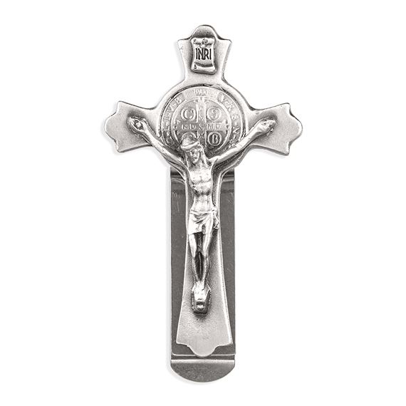 ST. BENEDICT CRUCIFIX PEWTER VISOR CLIP