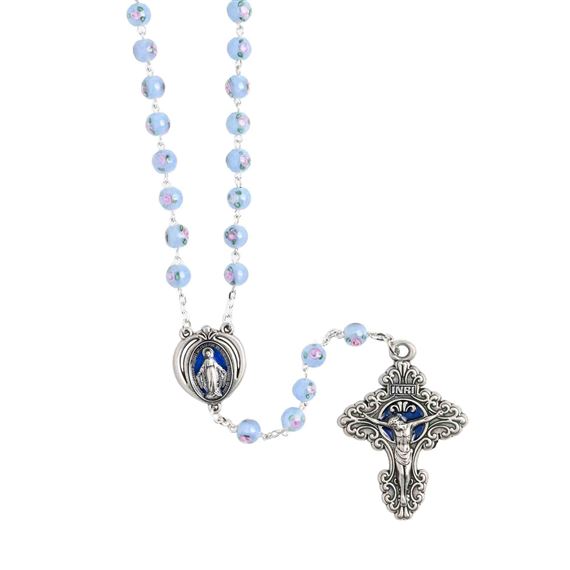 BLUE ROSE LAMP BEAD PEWTER ROSARY