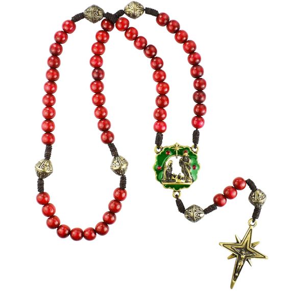 CHRISTMAS ROSARY - RED BEAD WITH NATIVITY WREATH CENTER