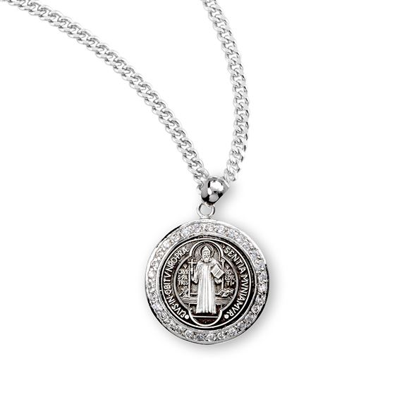 Saint Benedict Round Sterling Silver Medal with Cubic Zirconia's CZ's on 18&quot; Chain