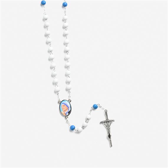 ST. TERESA OF CALCUTTA WHITE & BLUE WOOD BEAD ROSARY
