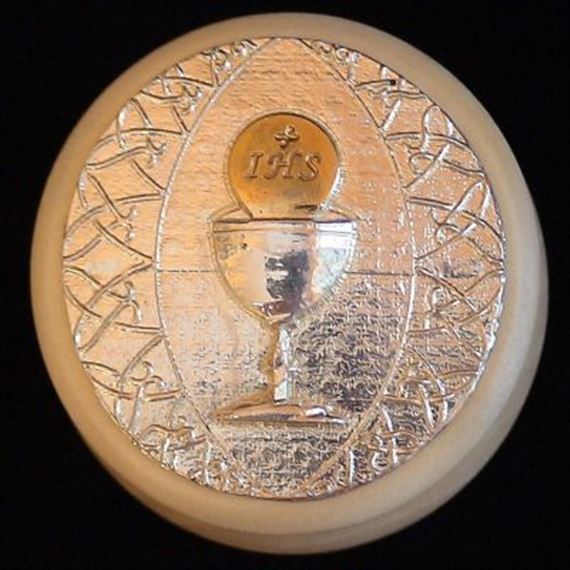 FIRST COMMUNION WHITE WOOD ROSARY BOX - HOST & CHALICE