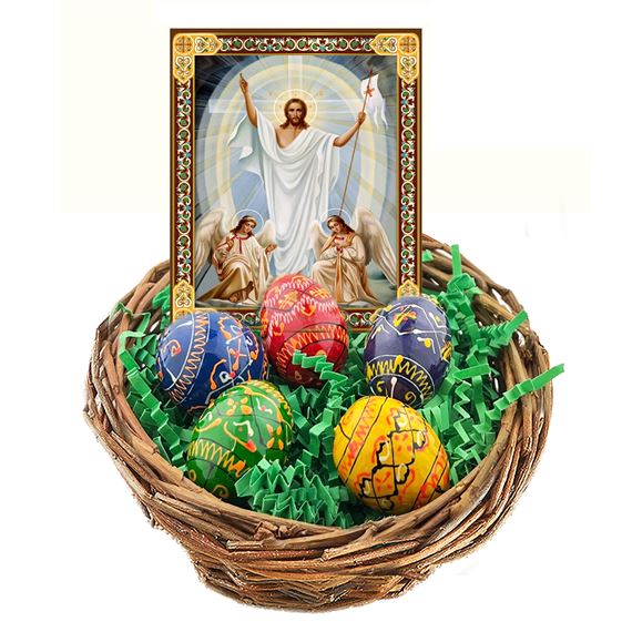 MINIATURE UKRAINIAN PYSANKY EGGS AND RESURRECTION ICON IN BASKET