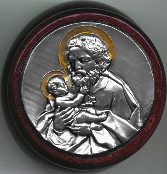 BROWN WOOD ROSARY BOX - ST. JOSEPH WITH CHILD JESUS