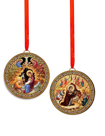 ROUND DOUBLE ICON ORNAMENT - TWO BYZANTINE NATIVITIES