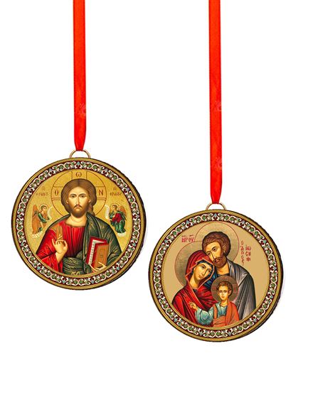 ROUND DOUBLE ICON ORNAMENT - HOLY FAMILY & CHRIST PANTOCRATOR