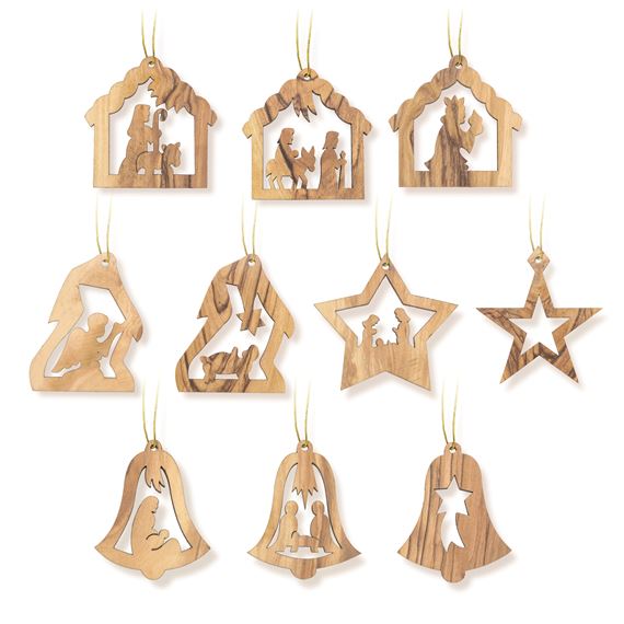 OLIVE WOOD ORNAMENTS - SET OF 10