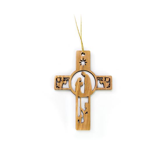 OLIVE WOOD NATIVITY ORNAMENT - CROSS WITH SHEPHERD AND ANGELS