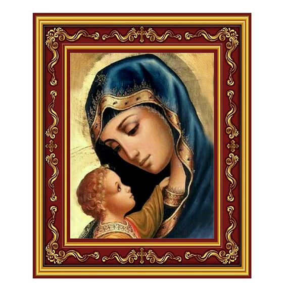 MADONNA AND CHILD - BURGUNDY & GOLD FRAMED ICON - 5 ½”