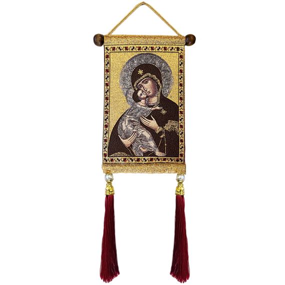 VIRGIN OF VLADIMIR TAPESTRY ICON WITH TASSELS AND PEARLS