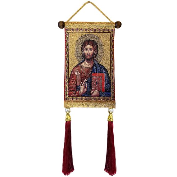 CHRIST THE TEACHER TAPESTRY ICON WITH TASSELS AND PEARLS