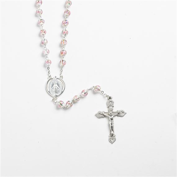 CLEAR CRYSTAL ROSE & SILVER LAMP BEAD ROSARY