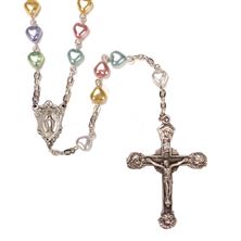 NEW ENGLAND PEWTER ROSARY WITH PASTEL HEART BEADS