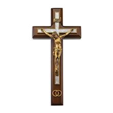 WALNUT WEDDING CRUCIFIX WITH ANTIQUED GOLD AND ENAMEL