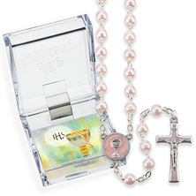 PINK GLASS BEAD EUCHARISTIC ROSARY WITH PINK ENAMEL CHALICE CENTERPIECE