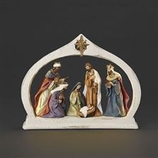 WOOD LOOK NATIVITY IN LIGHTED ARCH - 10"