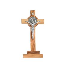 ST. BENEDICT OLIVE WOOD CRUCIFIX ON STAND