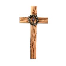 OLIVE WOOD CROSS WITH CROWN OF THORNS - 6"