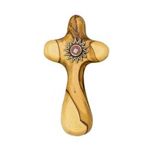 SMALL OLIVE WOOD COMFORT CROSS WITH CLOTH TOUCHED TO JESUS' TOMB