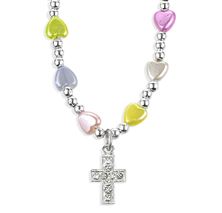MULTI-COLOR HEART BEAD NECKLACE WITH CRYSTAL JEWELED CROSS
